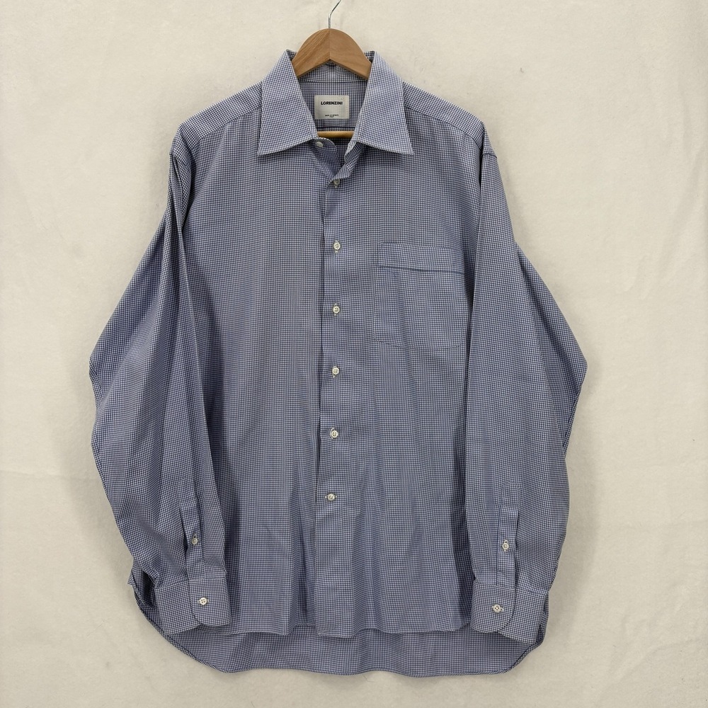 Lorenzini Dress Shirt Mens Large Blue Houndstooth Button Front Made In Italy